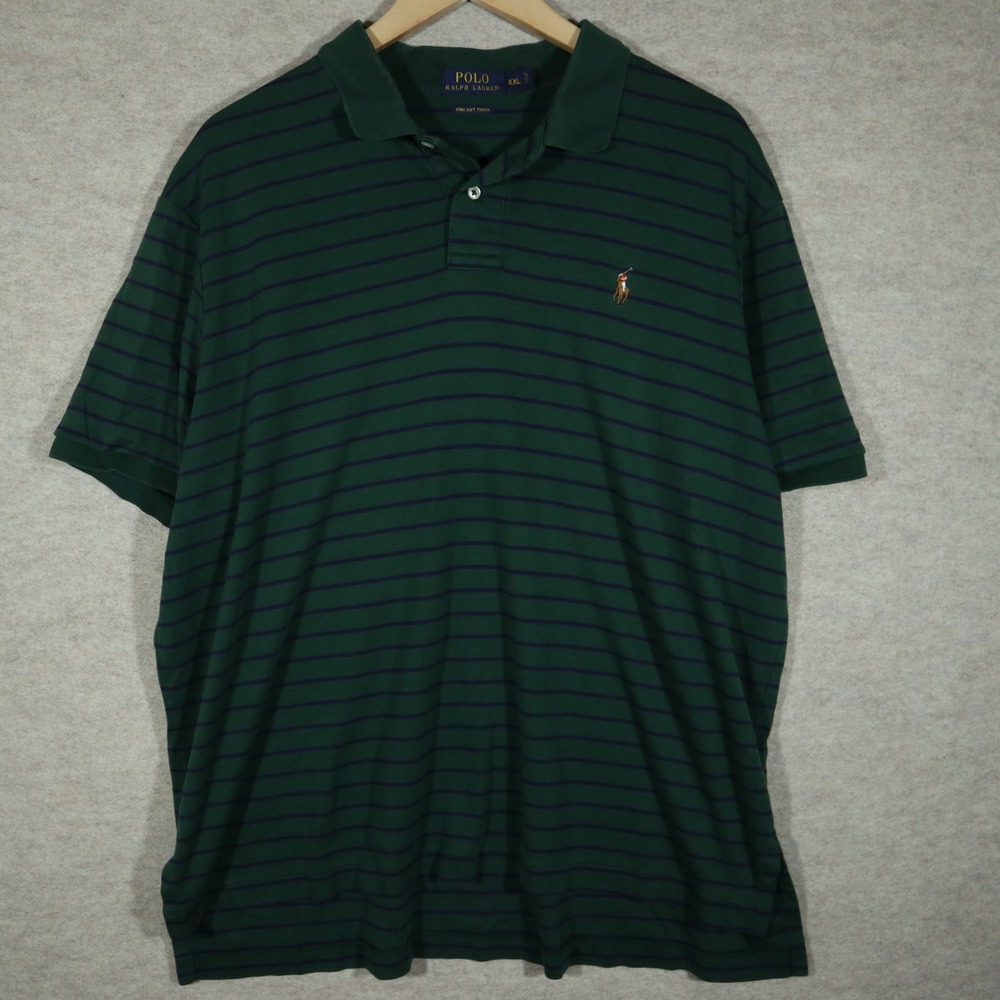 Polo Ralph Lauren Men XXL Green Navy Striped Pima Soft Touch Polo Shirt Y2K 0321